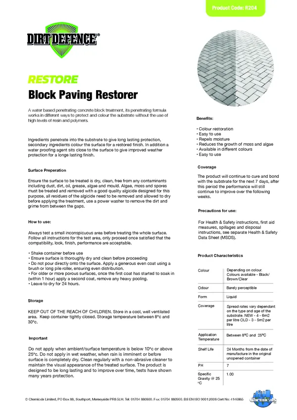 Block Paving Restorer Datasheet PDF 